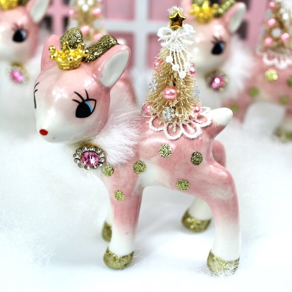 Pink Deer & Bottle Brush Tree Figurine: Vintage Style Christmas Decor - Picture 1 of 7